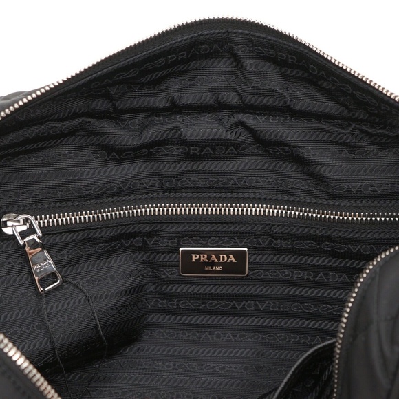 Prada Shoulder Bag Quilted Black Nylon With Chain And Leather Straps 1BB903 New - Picture 6 of 6